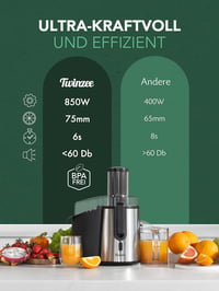 Twinzee 850W Gyümölcs- és Zöldségprés - Elektromos Gyümölcsfacsaró 2 Sebességfokozattal és Nagy Adagolónyílással (75mm) - Gyümölcslé Készítő 3