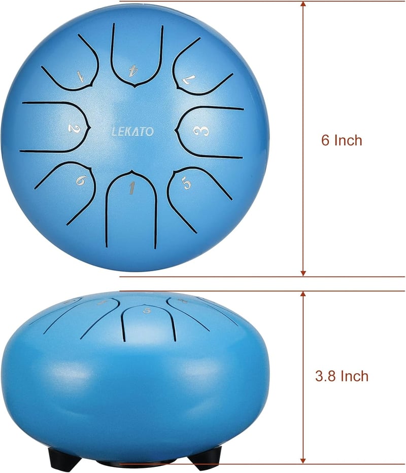 LEKATO Acél Nyelv Dob 15,2 cm 8 Hangú C-Hangnemben - Kék Meditációs Hangdob Jógához, Hangterápiához, Kezdőknek Ütőkkel és Kiegészítőkkel