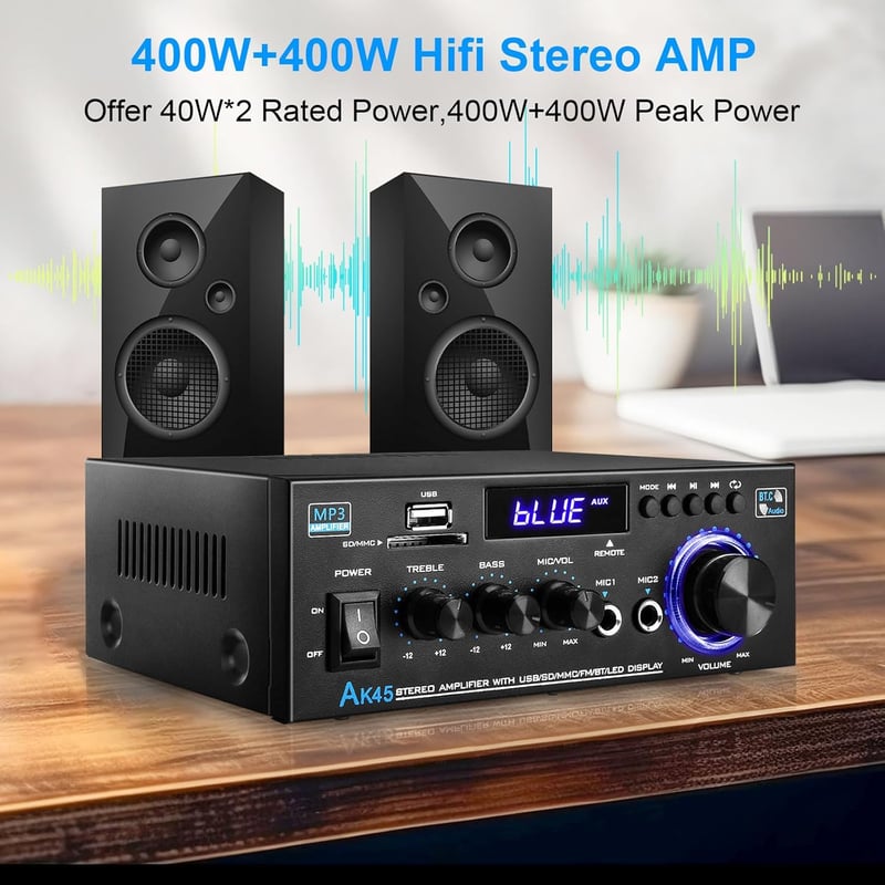 KKMOL AK45 Mini Bluetooth Sztereó Erősítő 400W, USB/SD, Távirányítóval