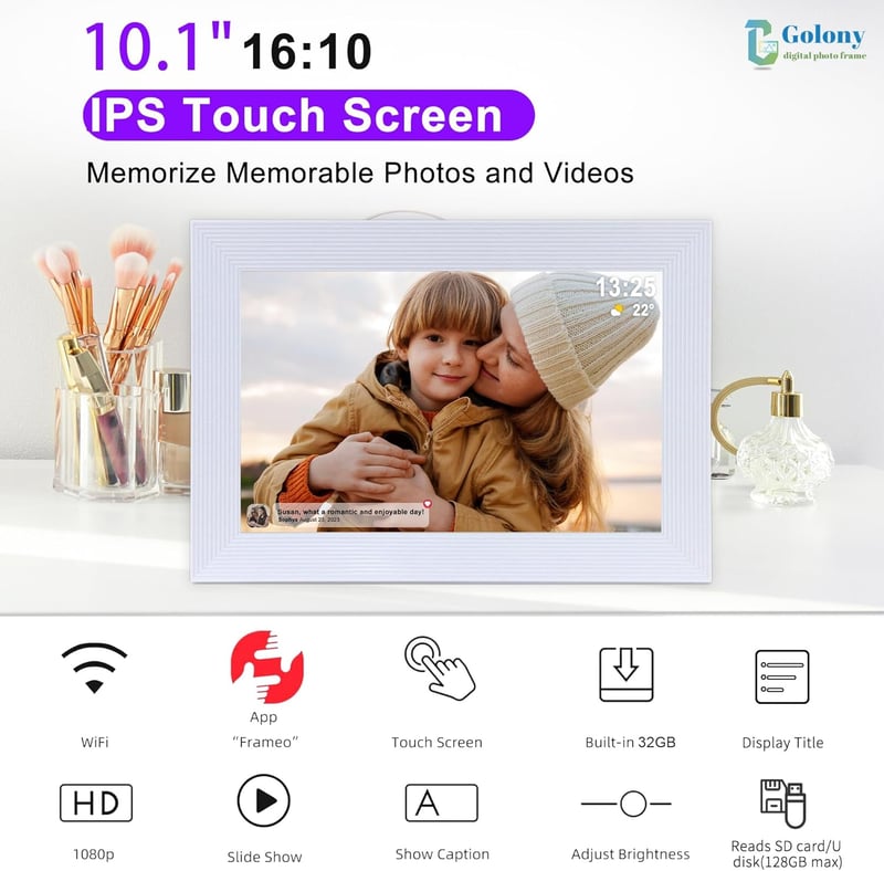 Golony WiFi Digitális Képkeret 10.1" IPS Érintőképernyővel - 32GB Memória, Automatikus Forgatás, Frameo App Fotómegosztás, Fehér