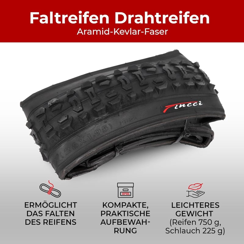 Fincci MTB Kerékpár Külső Gumi 26" x 1.95 + 2 db Belső Tömlő - Fekete Összehajtható Köpeny Hegyi Biciklihez, E-Bike-hoz 60 TPI