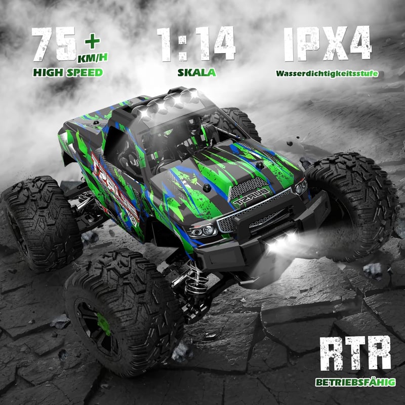 RC Távirányítós Autó 1:14 Méretarány, 75+ km/h Sebesség, 4WD Terepjáró, 2 Akkumulátor, 7 LED Fény, 2.4GHz Összkerékhajtás, 8-