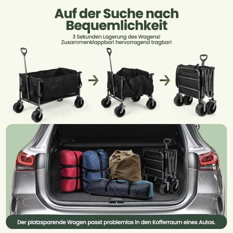 Servicore 300L XXXL Összecsukható Kézikocsi - 150kg Teherbírású Szállítókocsi 360° Forgó Kerekekkel, Gumiabroncsos, Bővíthető Tárolóval és Z