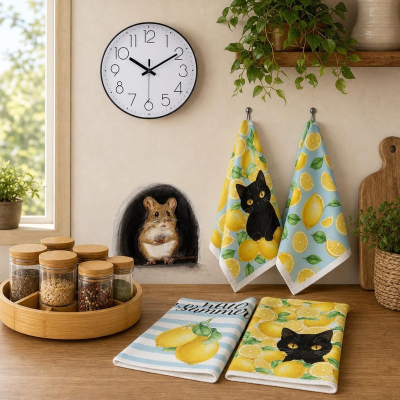 Kuchynský dekoratívny set: 5x nálepka + 4x utierka + 20cm hodiny + bambusový stojan na korenie