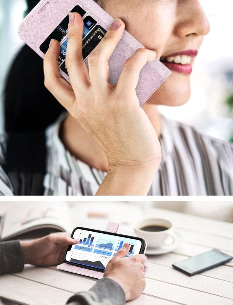 iPhone 13 Pro 5G Rózsaszín Bőr Tok Pénztárcával és Állvánnyal