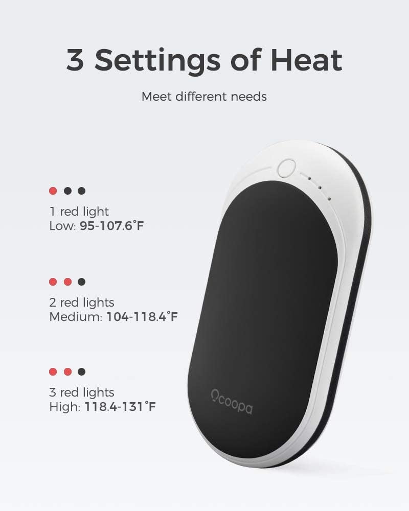 OCOOPA Újratölthető Kézmelegítő, 5200 mAh, 2 db, Alumínium, 3 Hőfokozat, Powerbank Funkcióval, Fekete, Kültéri Sportokhoz, Raynaud Szindrómá