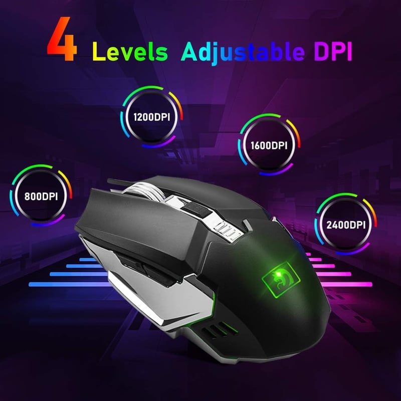 MAMBASNAKE Vezeték Nélküli Gamer Billentyűzet és Egér Szett, 2.4G, 3800mAh Akkumulátor, RGB LED Háttérvilágítás, 2400DPI, 7 Színű Egér