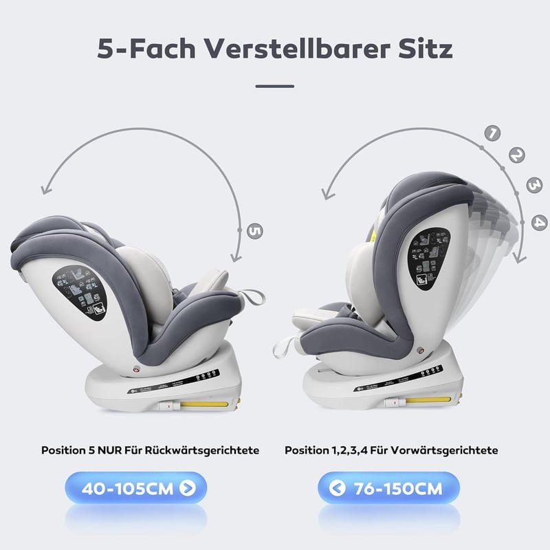 Miophy I-Size 360° Forgatható Gyerekülés, 0-12 éves korig (40-150 cm), Isofix csatlakozással, 5-pontos biztonsági övvel, Szürke