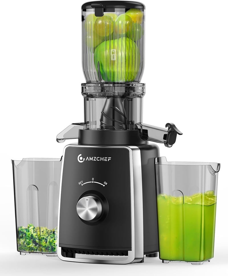 AMZCHEF Slow Juicer 103 mm Széles Adagolónyílással - 250W Hideg Préselésű Gyümölcs és Zöldség Facsaró 2 Szabadalmazott Szűrővel, Csendes Mot