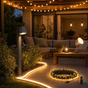 Set za ambijentalnu rasvjetu terase: 1x stupna lampa + 2m LED traka + 10m svjetlosni niz + 2x E27 žarulja