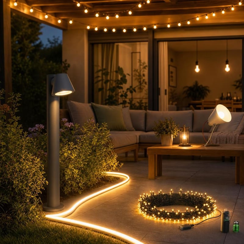 Pachet Iluminat Terasă: Lampă stâlp GU10 + Bandă LED 2m + Ghirlandă 10m + 2x Bec E27
