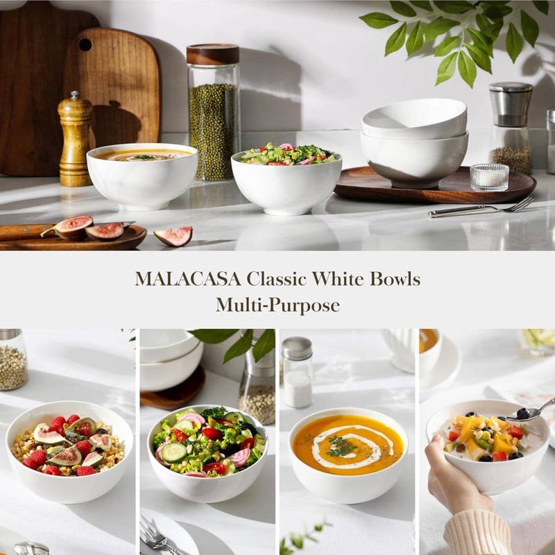 MALACASA 4 darabos porcelán tál szett krémfehér 750ml - leveses tálak rizs gabonafélék desszert salátához mikrózható mosogatógépben mosható