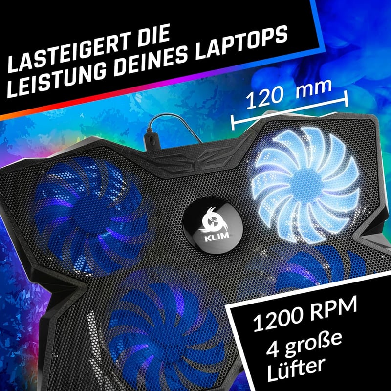 KLIM Wind Laptop Hűtő - RGB Világítás - 4 Ventilátor - USB Tápellátás - Stabil és Csendes - PC, Mac, PS4 Kompatibilis - 11-17 Colos Laptopok