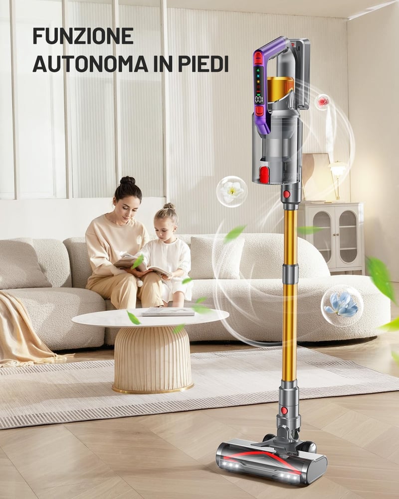 Kissof T17 Vezeték Nélküli Porszívó, 45000Pa Szívóerő, 550W Motor, 70 Perces Üzemidő, HEPA Szűrő, 1.6L Portartály, Arany