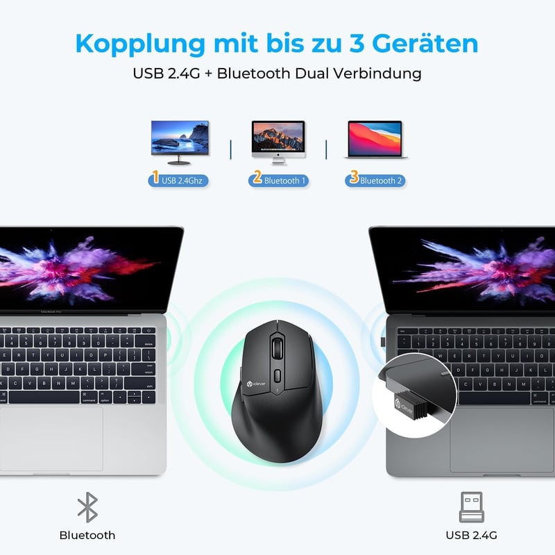 iClever MD360 Ergonomikus Bluetooth Egér - Vezeték Nélküli USB-C Tölthető Egér Jiggler Funkcióval, Csendes Kattintás, 3 Eszköz Csatlakoztatá