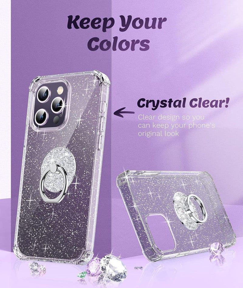 iPhone 14 Pro Fekete Glitteres Gyűrűs Tok - Ütésálló és Csillogó Védelem