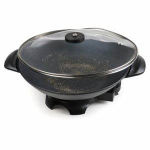 DOMO Elektromos Wok 5 literes, üvegfedéllel, tapadásmentes bevonattal, 2200 W – Outlet, horpadt fedél, leperkedt festék a tálban