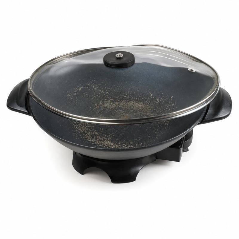 DOMO Elektromos Wok 5 literes, üvegfedéllel, tapadásmentes bevonattal, 2200 W – Outlet, horpadt fedél, leperkedt festék a tálban