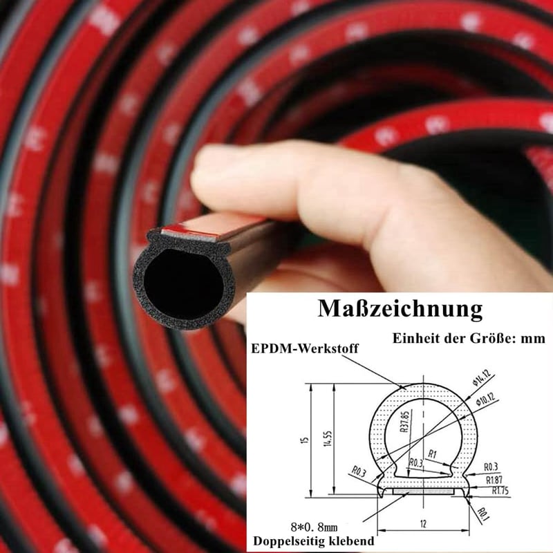 Tuokay 10m EPDM Gumi Ajtótömítés - 12x14mm D-alakú Szigetelőcsík Autóajtóhoz, Motorházhoz, Csomagtérhez - Hangszigetelő Tömítőszalag A