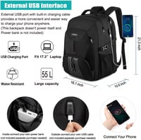 LIWAG 55L Extra Nagy Hátizsák 18,4" Laptophoz - Vízálló, Lopásbiztos Utazótáska USB Töltőporttal, Több Rekesszel, Fekete 2