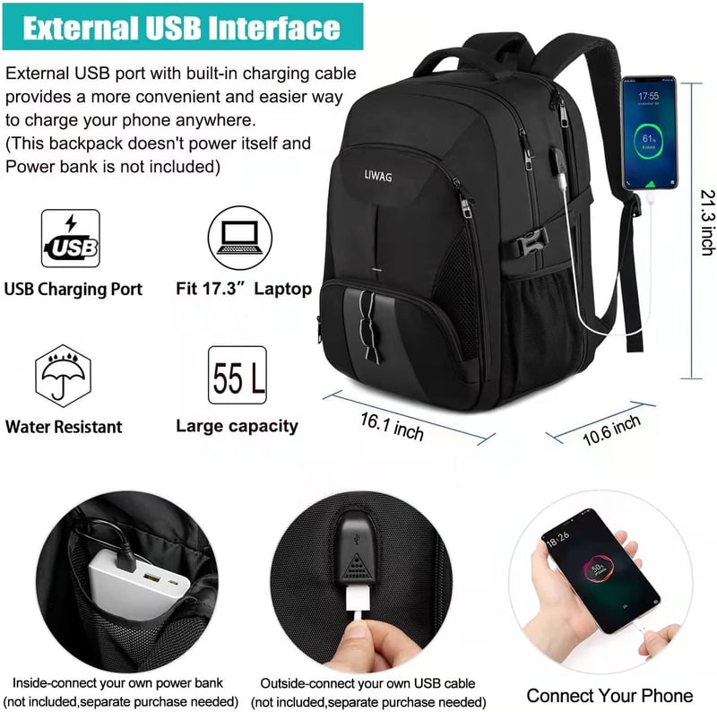 LIWAG 55L Extra Nagy Hátizsák 18,4" Laptophoz - Vízálló, Lopásbiztos Utazótáska USB Töltőporttal, Több Rekesszel, Fekete