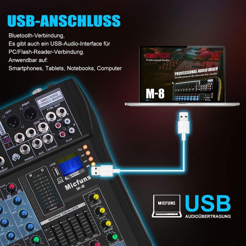 Micfuns 8 Csatornás Professzionális Keverőpult Bluetooth-szal és USB Felvétellel