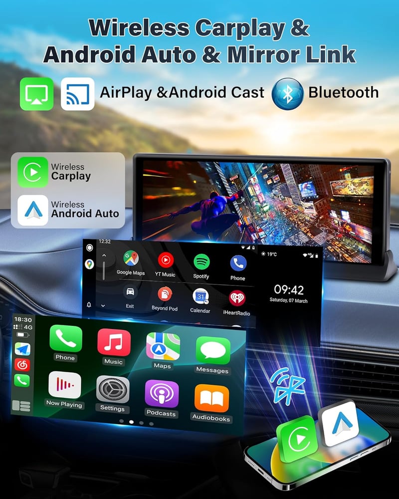Stable Holder 10,26 hüvelykes vezeték nélküli CarPlay kijelző tolatókamerával - Android autós monitor, valós idejű navigáció, hangvezérlés, 