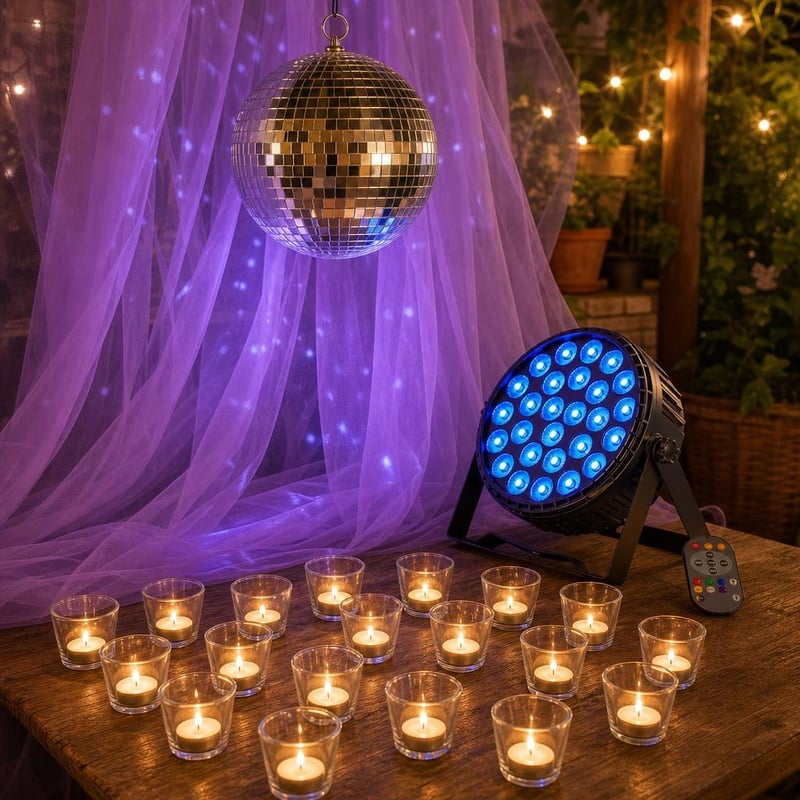 Párty set Disko kúzlo: 20cm zrkadlová guľa + RGBW LED reflektor + fialový tyl + 20x sklenený svietnik