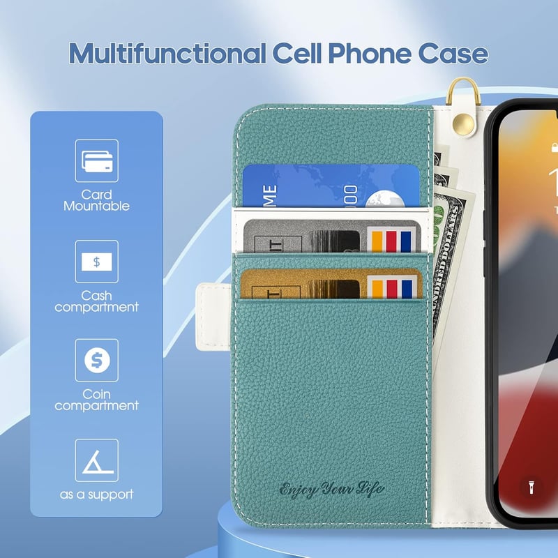 iPhone 13 Kék-Zöld Bőrhatású Mágneses Pénztárcatokja Kártyatartóval