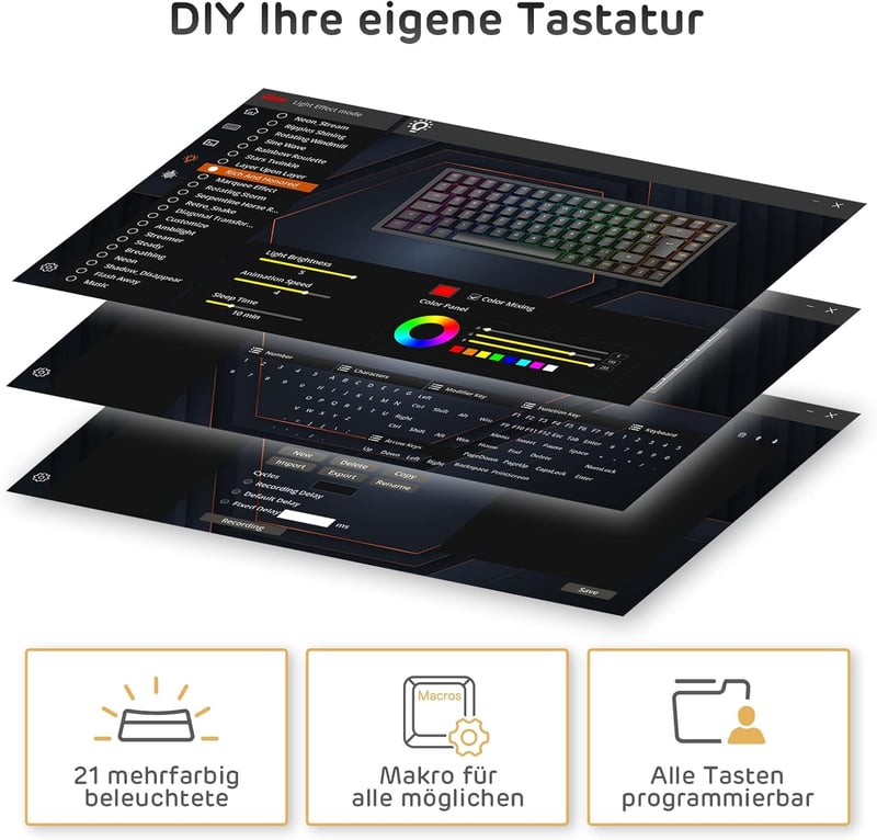 RK ROYAL KLUDGE RK84-DE 75% Kompakt Mechanikus Gamer Billentyűzet, TKL, Kék Kapcsolók, RGB Háttérvilágítás, Bluetooth, 2.4 GHz, Mac és Windo