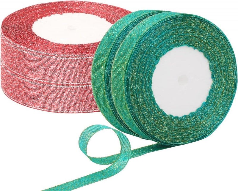 Piros-Zöld Csillogó Organza Szalag 22m, Karácsonyi Dekoráció 4db