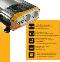 Krieger 1100W Feszültségátalakító - 12V-230V Inverter Autóba, Kempingezéshez, LCD Kijelzővel, 2 USB Porttal és EU Csatlakozóval 8