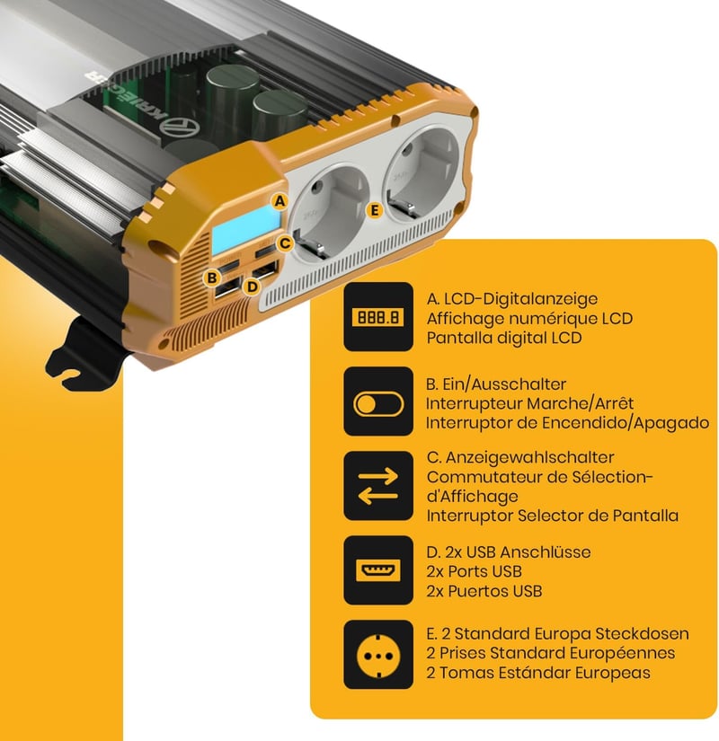 Krieger 1100W Feszültségátalakító - 12V-230V Inverter Autóba, Kempingezéshez, LCD Kijelzővel, 2 USB Porttal és EU Csatlakozóval