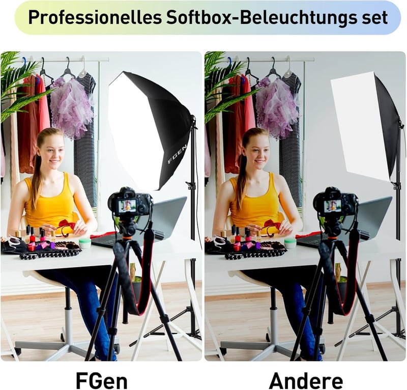 FGen Oktogonális Softbox Fotóstúdió Szett 135W 5500K LED Lámpákkal, 70cm Fénydoboz és 2m Állítható Állványok Portré és Termékfotózáshoz