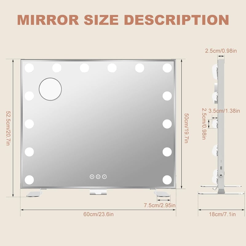 ADDCOLOR Hollywood Sminktükör LED Világítással - 14 Fényerőszabályozható Lámpa, 3 Színmód, Érintőképernyős 60x18x52.3 cm