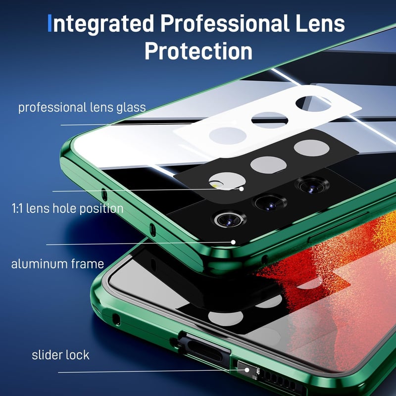 Samsung Galaxy S23 FE mágneses tok - 360° védelem, zöld alumínium keret, edzett üveg