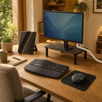 Ergonomický pracovný set: 1x klávesnica + 1x myš + 1x podložka + 1x stojan na monitor + 1x organizér káblov 1