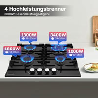 ThermoMate GHBG604 Beépíthető Gáz Főzőlap 4 Égővel - 60 cm Fekete Üveg Felület, Automatikus Hővédelemmel, 8000W, Földgáz/PB Gáz Kompatibilis 2