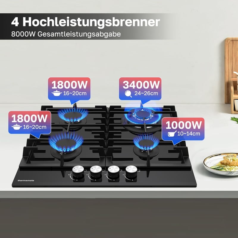 ThermoMate GHBG604 Beépíthető Gáz Főzőlap 4 Égővel - 60 cm Fekete Üveg Felület, Automatikus Hővédelemmel, 8000W, Földgáz/PB Gáz Kompatibilis