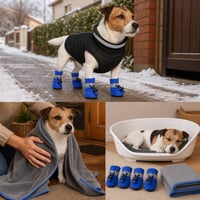 Téli kutyaséta-csomag: S-es fleece kabát + 4 db vízálló kutyacipő + mikroszálas törölköző + kutyafekhely 1