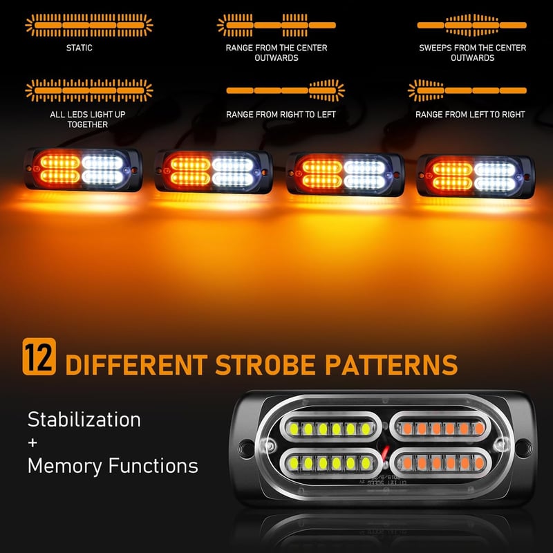 Dinfu 8x24 LED Elülső Villogó Lámpa - Narancssárga-Fehér Stroboszkóp 12V/24V - IP67 Vízálló Figyelmeztető Fény 18 Villogási Móddal Autókhoz,