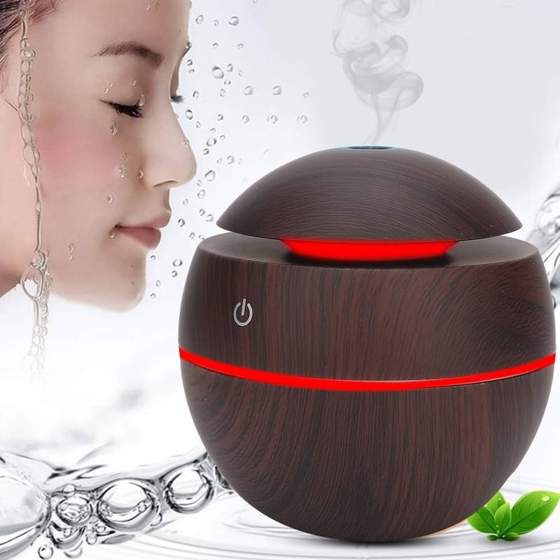 Akozon Gömb Alakú USB Párásító Diffúzor - Csendes Légtisztító Otthonra és Irodába - 130ml Tartály, Automata Kikapcsolás, Sötét Fa Mintázat
