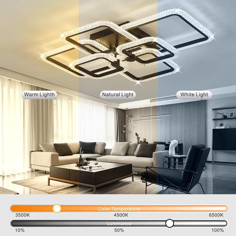 HiHiHomy LED Mennyezeti Lámpa - 6 Négyzetes Keret, Távirányítós, Szabályozható Fényerő, 3000K-6500K, Fekete, Modern Kristály Dizájn, 3000 Lu