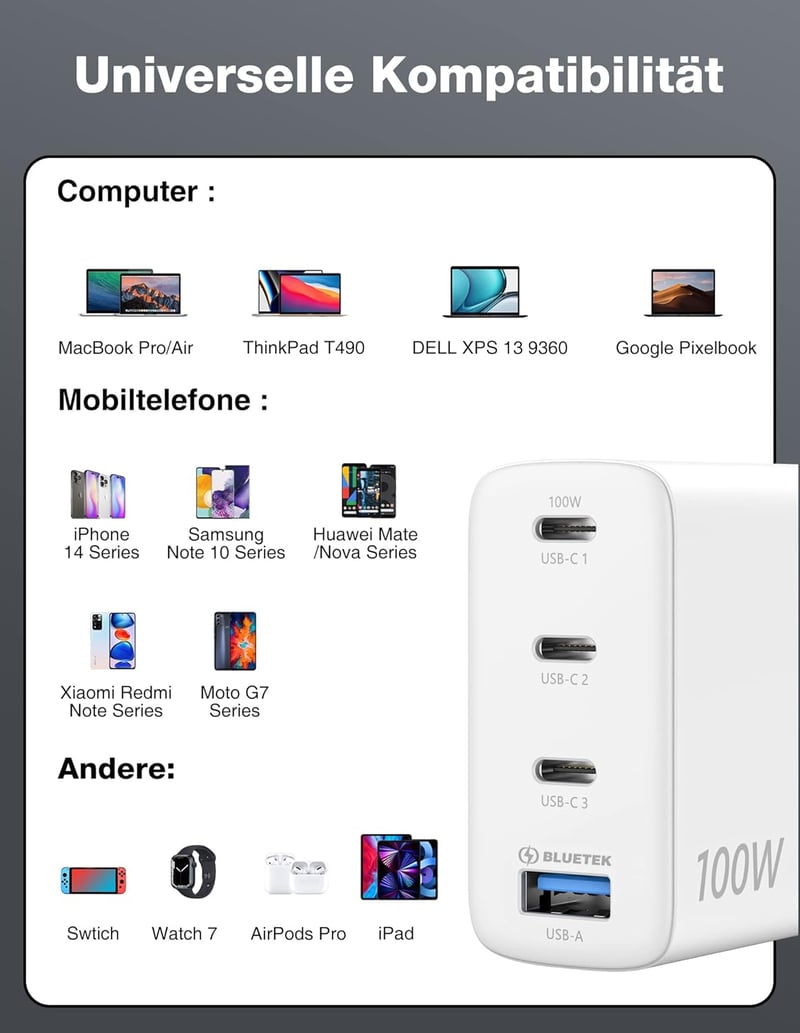 TECKNET 100W GAN III USB-C gyorstöltő 4 porttal, MacBook, iPhone, Galaxy kompatibilis