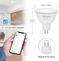 DiCUNO 5W GU5.3 Okos LED Spotlámpa - WiFi/Bluetooth RGB Színváltós, Fényerőszabályozható, 2700K-6500K, Alexa/Google Kompatibilis, 320LM, 12V 4