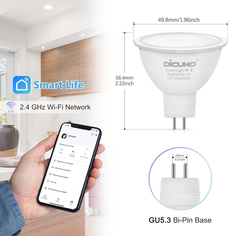 DiCUNO 5W GU5.3 Okos LED Spotlámpa - WiFi/Bluetooth RGB Színváltós, Fényerőszabályozható, 2700K-6500K, Alexa/Google Kompatibilis, 320LM, 12V