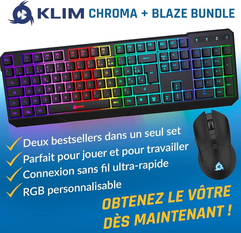 KLIM Blaze & Chroma vezeték nélküli RGB gamer billentyűzet és egér szett - ergonomikus, tartós akkumulátor, PC/Mac/PS4/PS5 kompatibilis