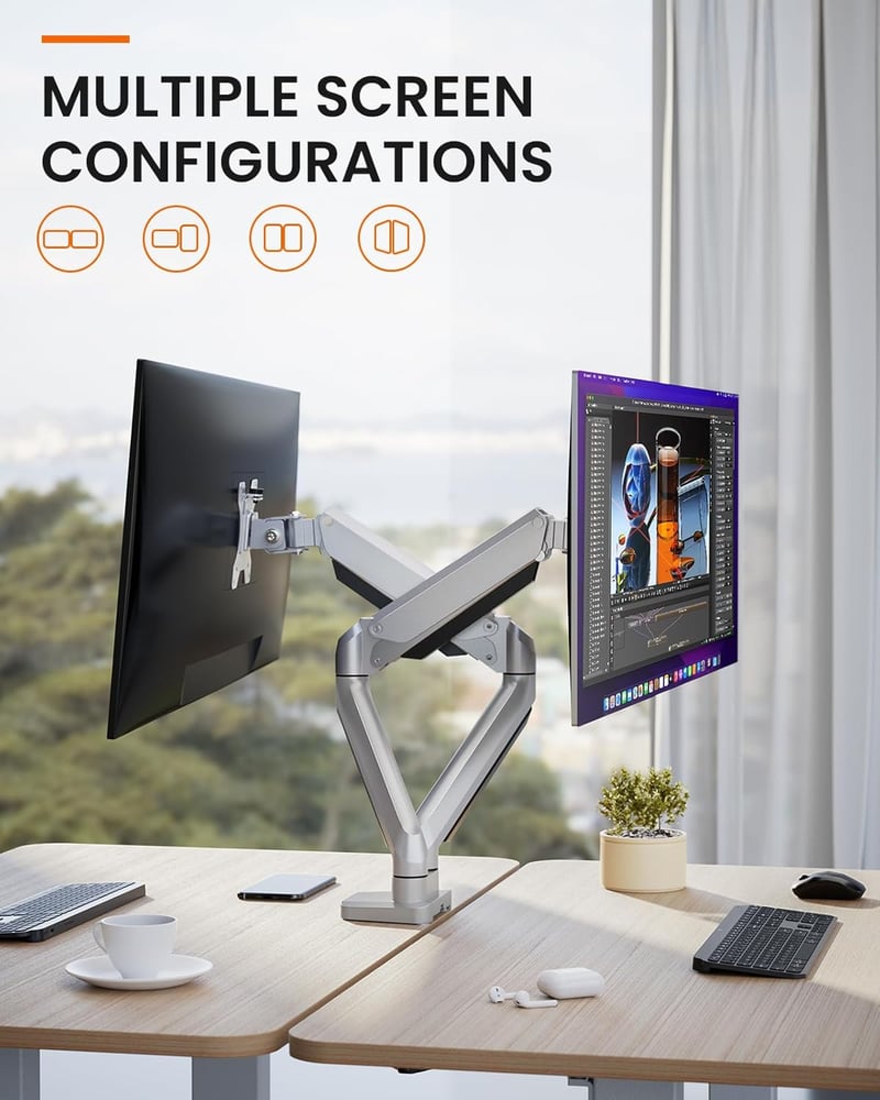 ErGear Dupla Monitortartó 13-32" Képernyőkhöz, Gázrugós Technológia, Teljes Mozgástartomány, ±45° Döntés, 180° Forgatás, VESA 75/100, 8kg Te