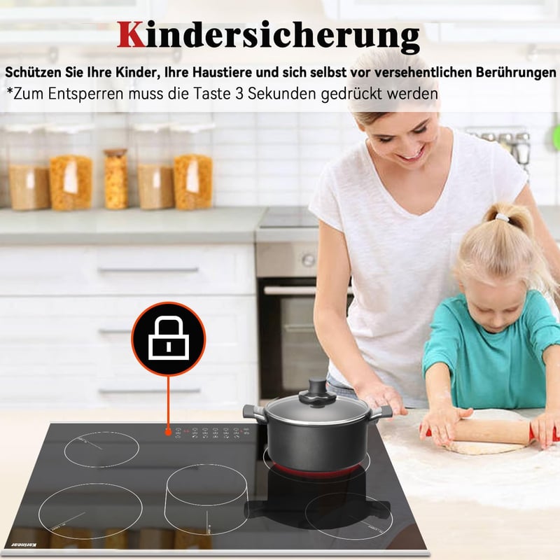 Karinear 77 cm-es Beépíthető Üvegkerámia Főzőlap 5 Zónával, 8400W, Érintőgombos, Időzítővel, Gyerekzárral, Túlmelegedés Elleni Védelemmel