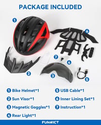 FUNWICT kerékpáros sisak napellenzővel, LED világítással és mágneses szemüvegtartóval - M: 54-58 cm, black red 9